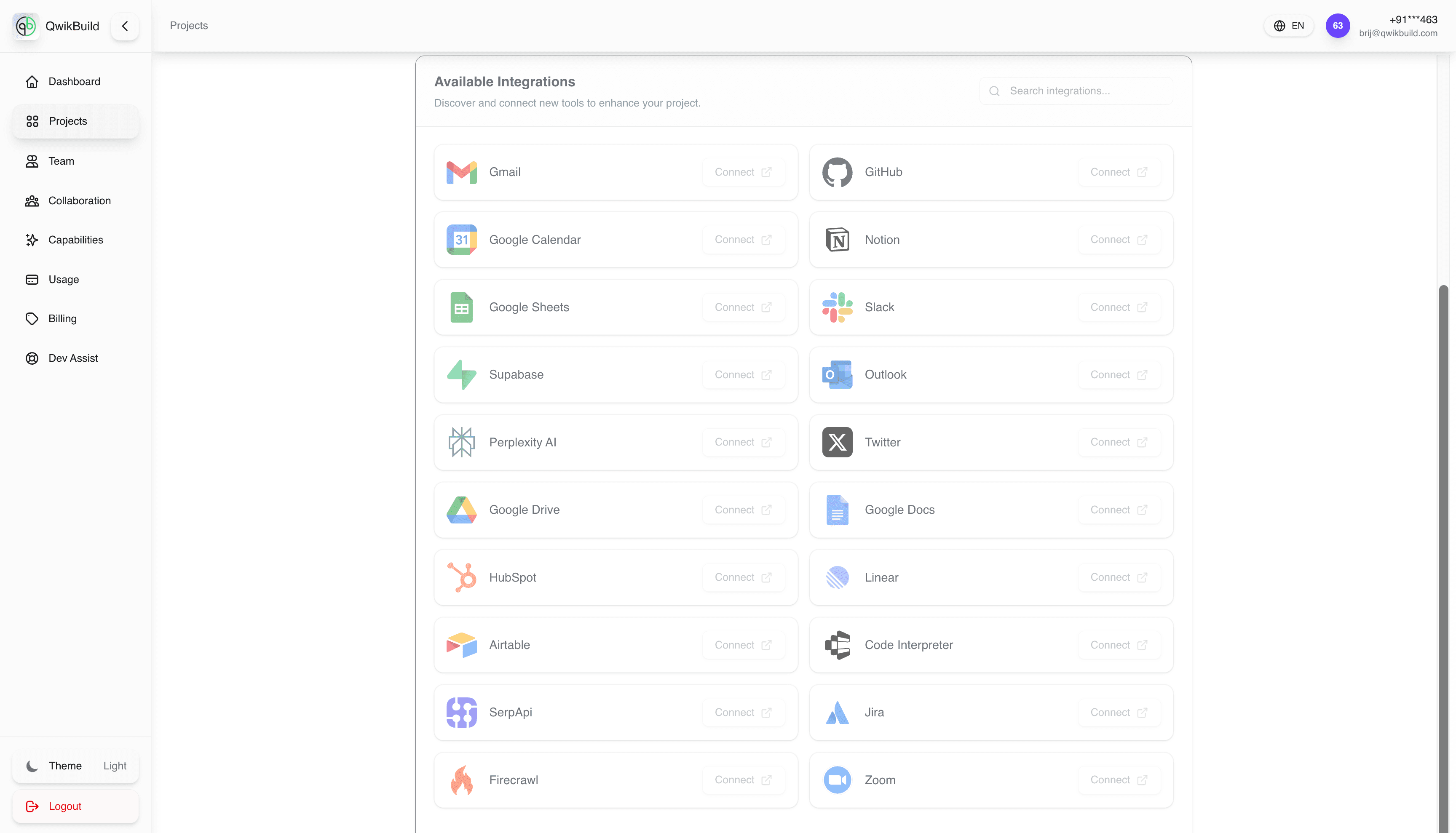 Integrations tab